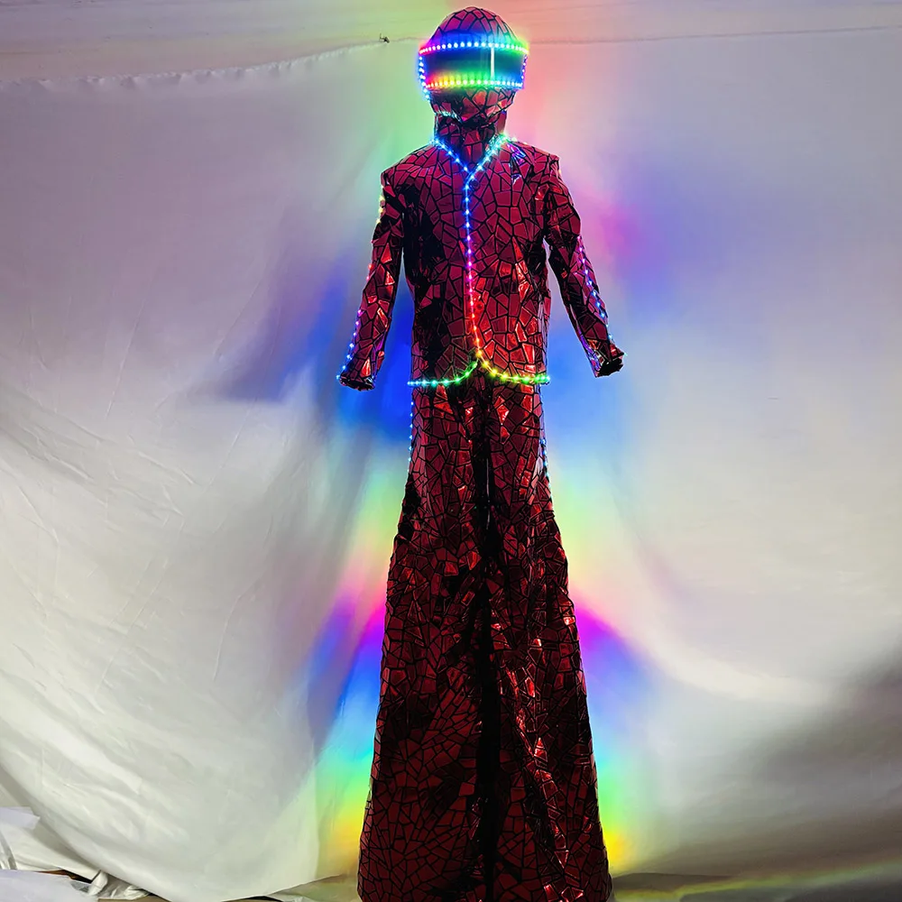 

Color Change LED Stilts Walker Robots Shiny Mirror Sequin Fabric Suits Show Stage Performance Cosplay Costume for Entertainment
