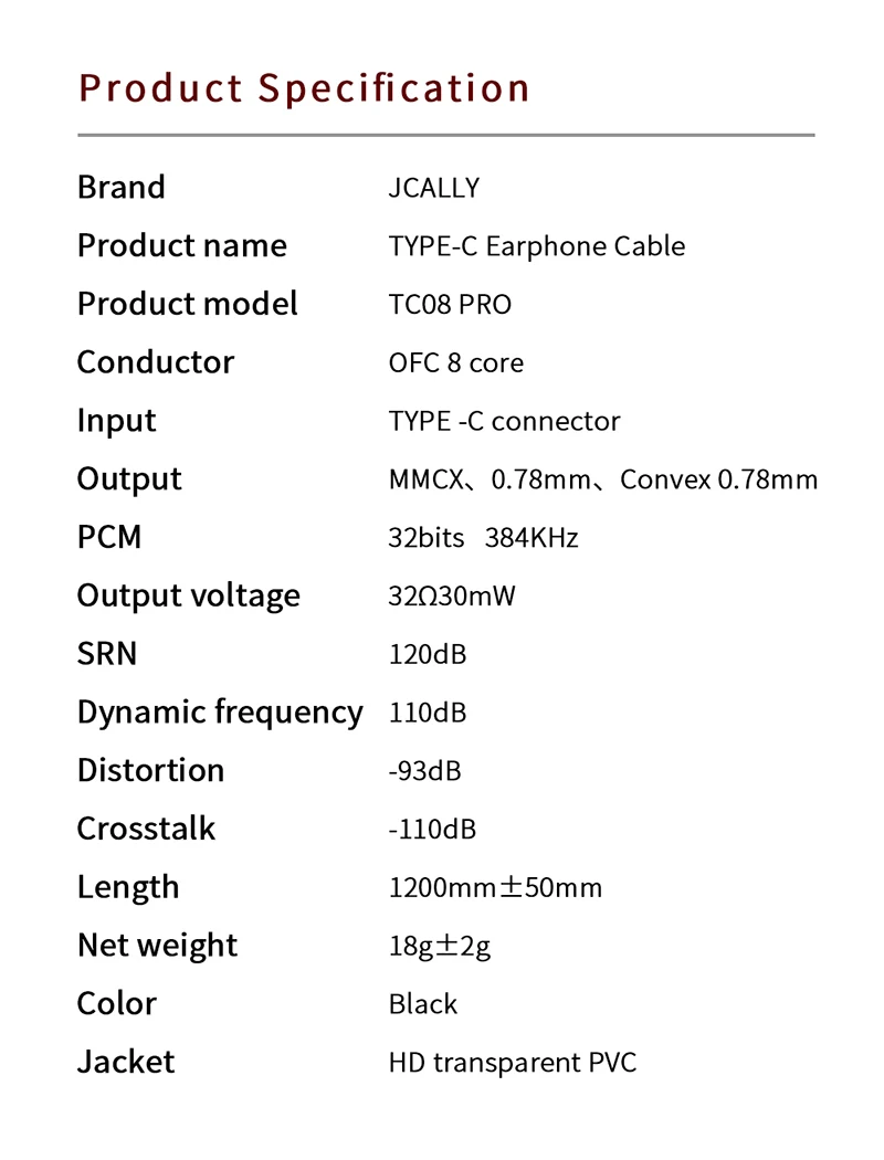 JCALLY negro TC08 PRO TC08 Cable de actualización de auriculares TYPE-C plateado con micrófono MMCX 2 pines 0,75/0,78 QDC para KZ KBEAR TRN 7HZ TFZ