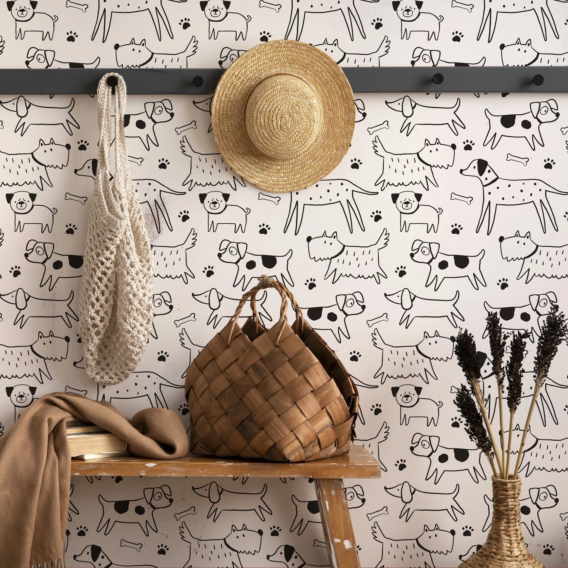 Black White Hand Drawn Cute Dog Wallpaper Self Adhesive Removable Cartoon Wall Stickers Kids Bedroom Home Decor