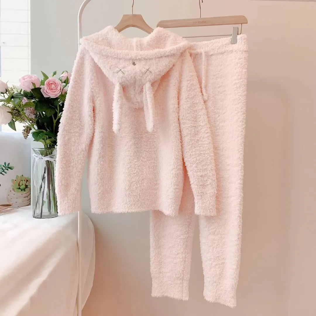 Winter Furry Female 2PCS Soft Pajamas Set Thicken Plush Flannel Sleepwear Loungewear Cute Cartoon Hooded Pijamas Suit Homewear