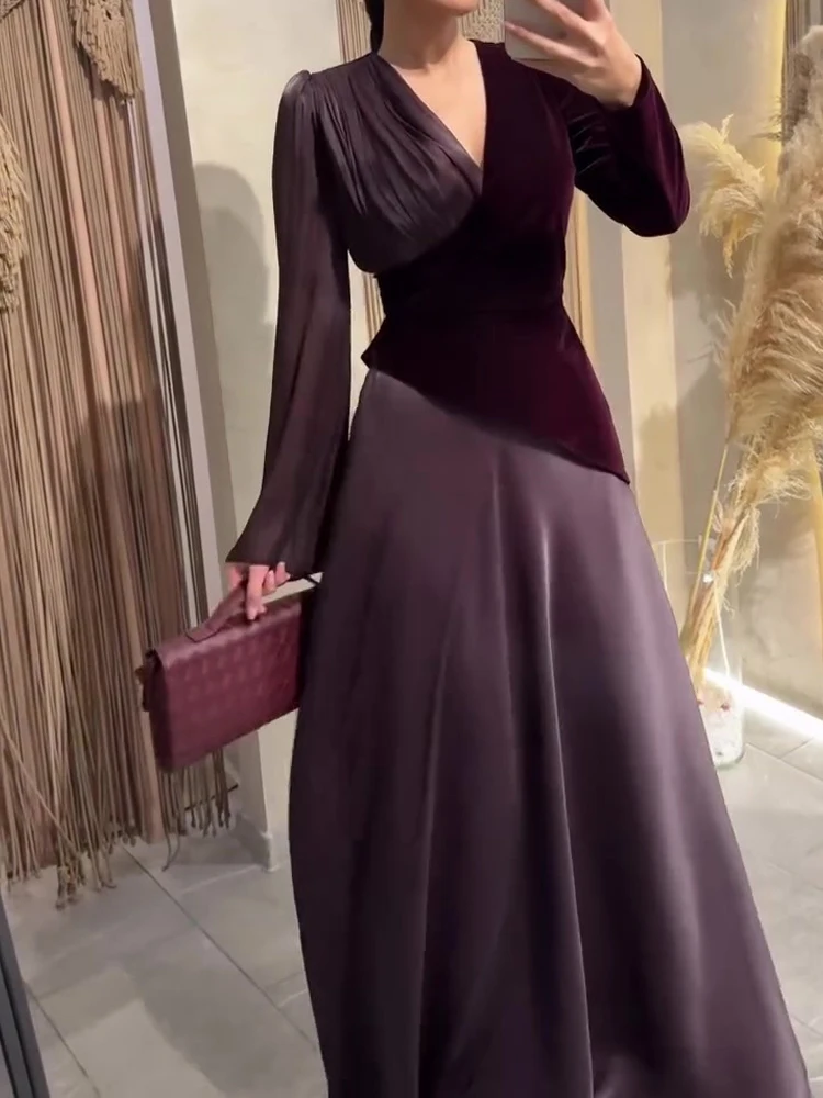 

Элегантное вечернее платье с V-образным вырезом и завышенной талией, женское модное платье макси в контрастных цветах, приталенное, повседневное, с длинным рукавом, 2026