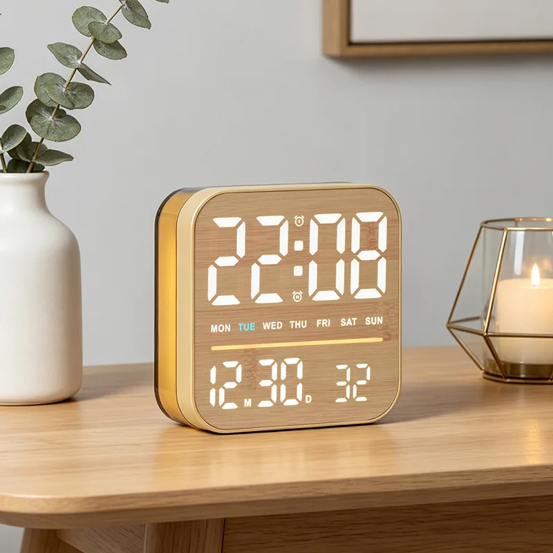Wood Grain Multifunctional Led Electronic Alarm Clock With Warm Night Light Decorative Table Clock Wake Up Timer For Bedroom