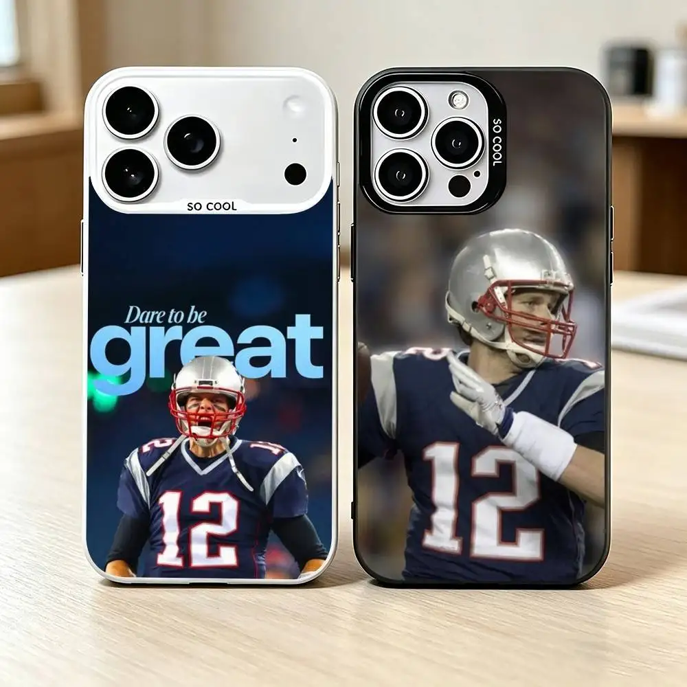 Capa de Celular Futebol Americano T-Tom B-Brady para iPhone 17, 16, 15, 14, 13, 12, 11 Plus, Pro Max, XS, Capa de Celular Prata Colorida