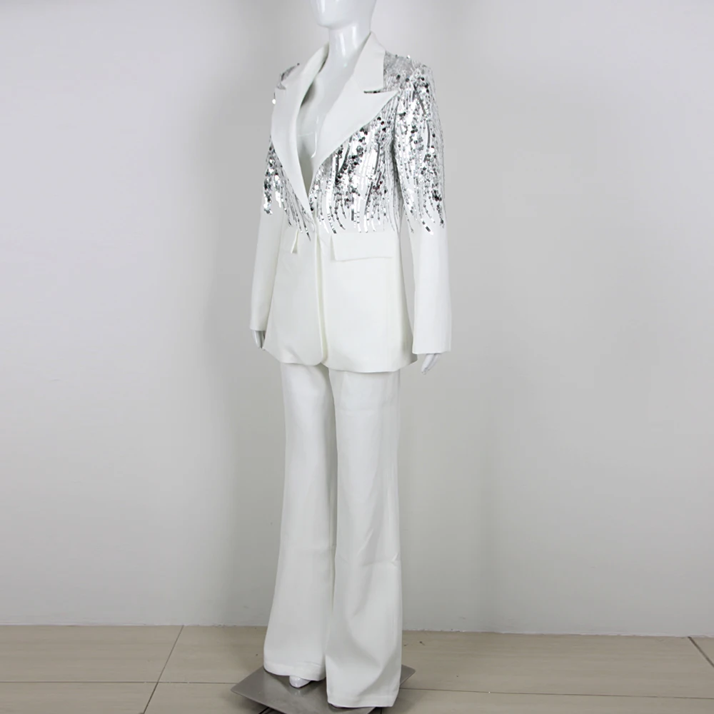 VC White Two Pieces Set Women 2024 Spring Fashion High Streetwear Sequin Design Long Sleeves Blazer Coat+Pants Suit