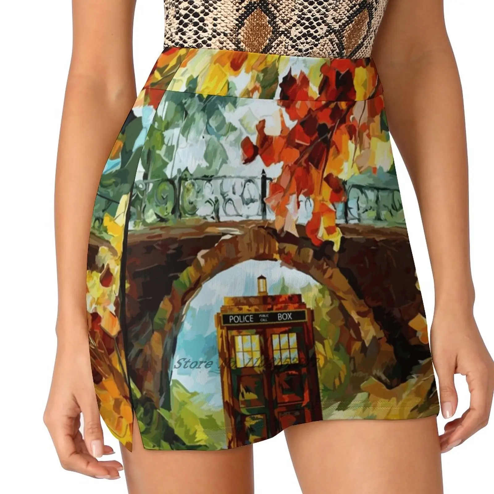 

Abandoned Public Phone Under The Bridge New Women Skirts Double-Layer Printed Short Dress Mini Sport Skirt Beautiful Leaf