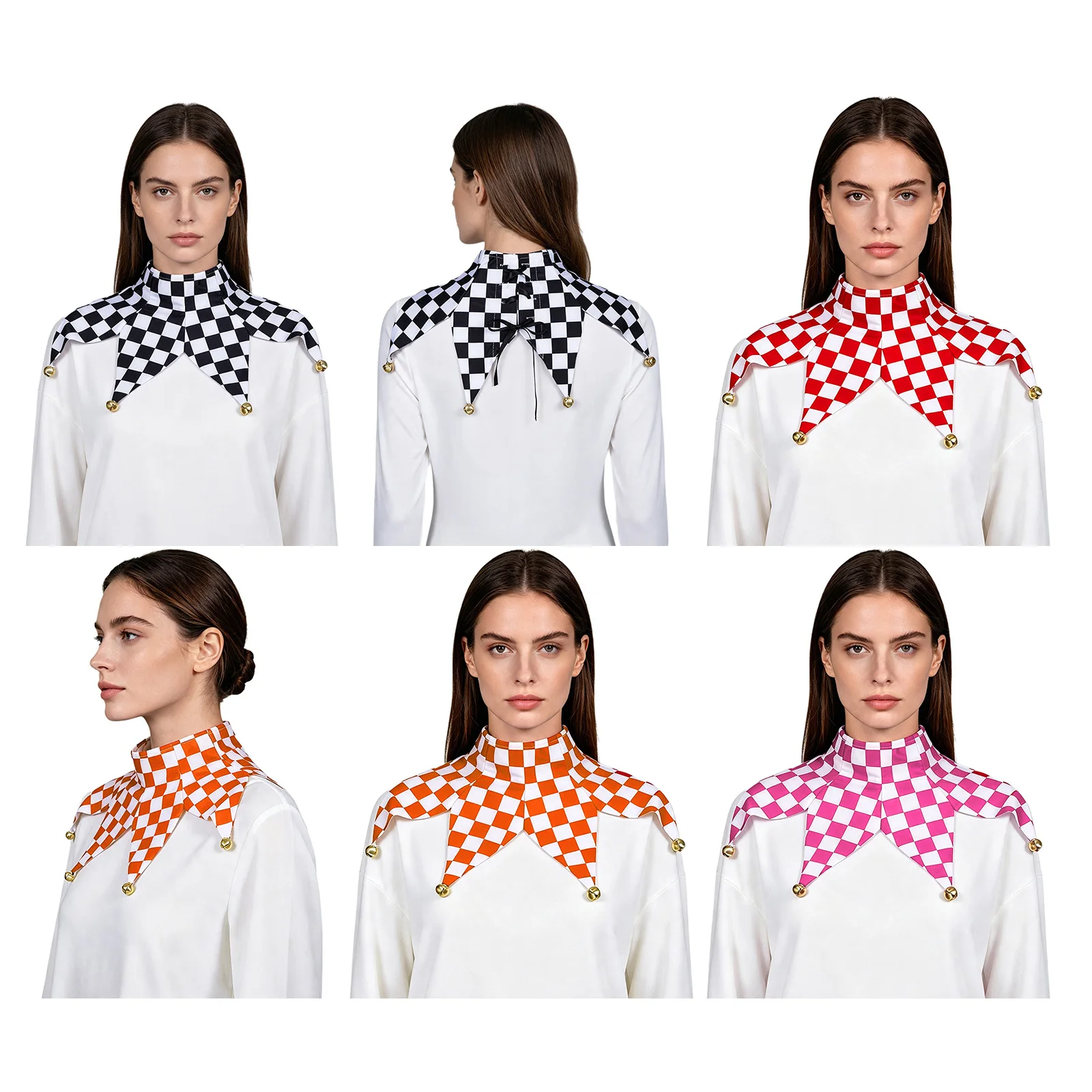 Unisex Adults Clown Collar Lace-up Detachable Checkerboard Collar with Bells for Halloween Masquerade Cosplay Performance