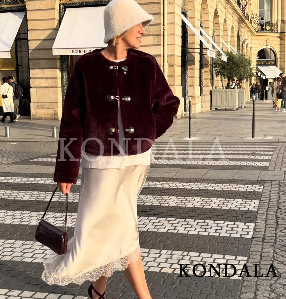 

KONDALA Fall Elegant Fur Jacket Women's O-Neck Slim Faux Fur Jacket Coat 2025 Autumn Winter Fashion High Street Casual Lady Coat