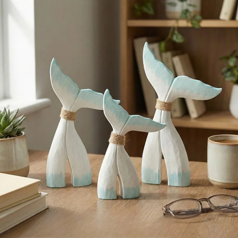 3-pcs Set Wooden Whale Tail Ornaments Creative Home Decoration Nordic Living Room Bedroom Kitchen Desktop Aesthetic Accessories