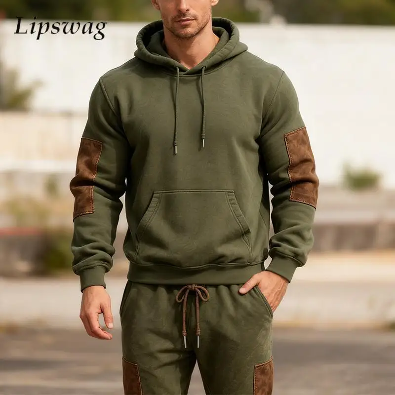 

Уличная повседневная мужская лоскутная одежда, осенне-зимняя толстовка и брюки для отдыха, комплекты из двух предметов, мужские стильные спортивные костюмы контрастного цвета