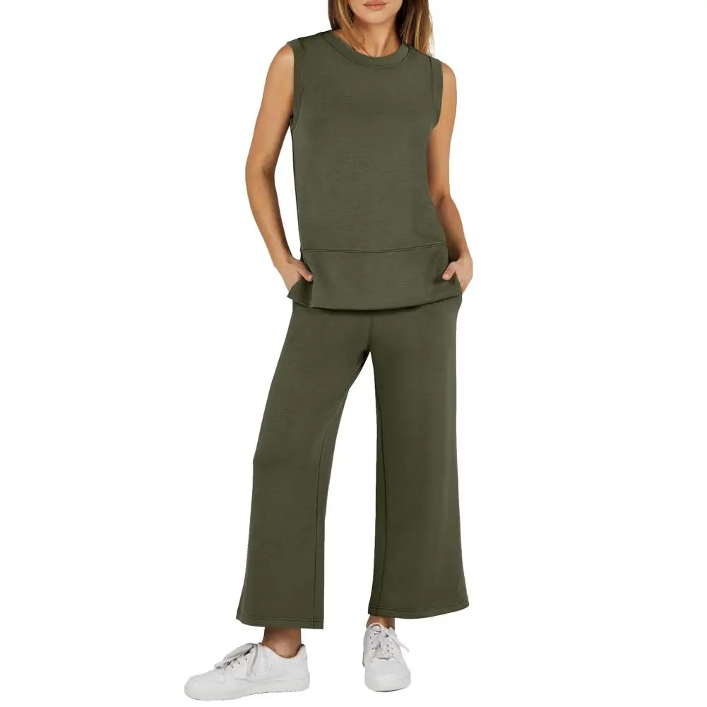 Summer Wide-leg Pants Suit Stylish Women's Sleeveless Top Wide Leg Pants Set with Side Slit Detail Pockets for Daily Wear