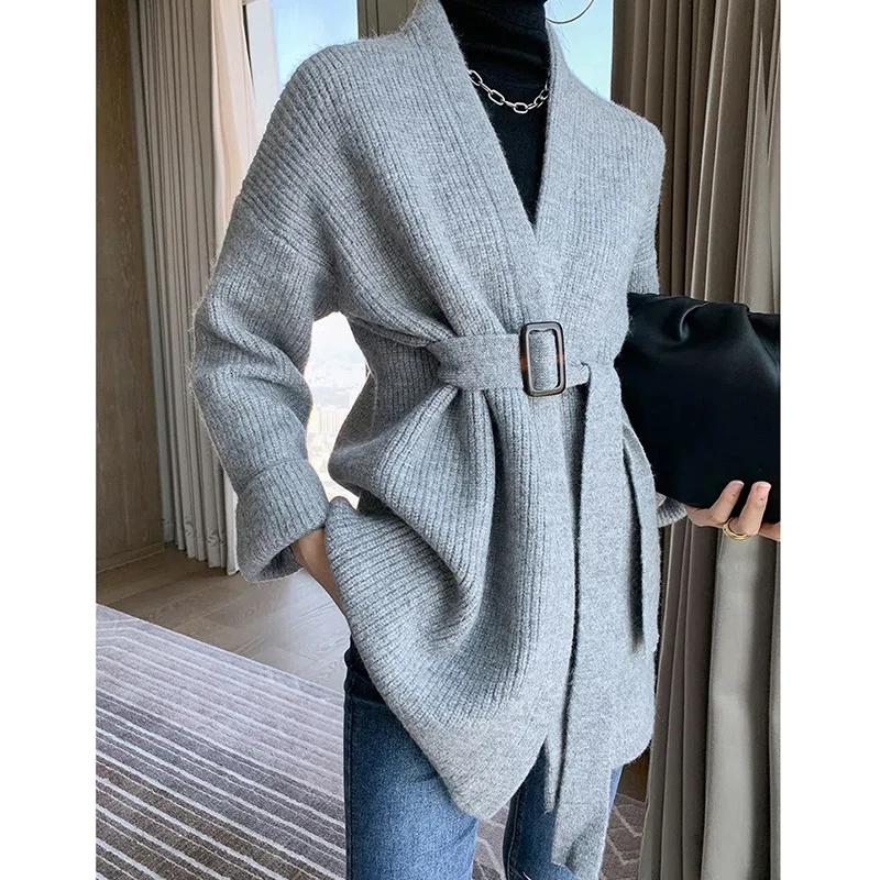 

Autumn Winter Elegant Loose Knit Cardigan Korean Fashion High-End Women Knitwear Jacket Open Stitch Lace-Up Midi Sweater Coat