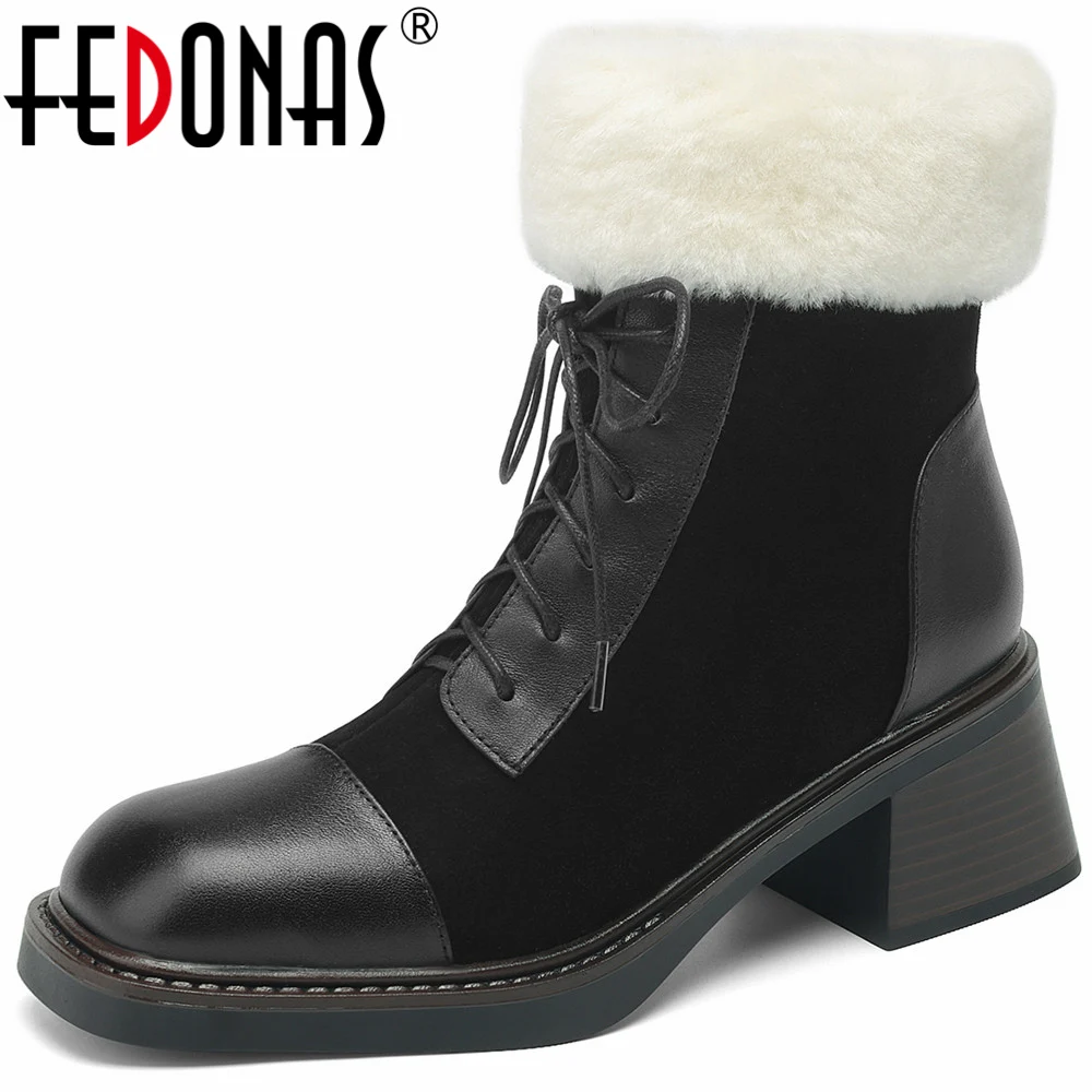 

FEDONAS Women Ankle Boots Winter Thick Plush Warm Shoes Woman Splicing Genuine Leather Thick Heels Office Lady Basic Short Boots