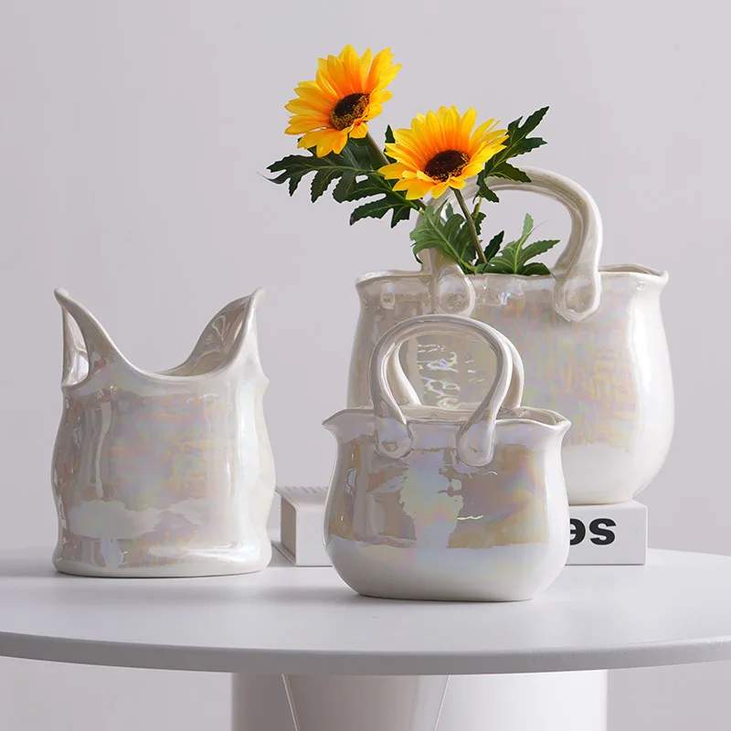 Ceramic Vase Package Shape Handle Colorful Luster Handicraft Ornaments Home Furnishing Decoration Vases Pots