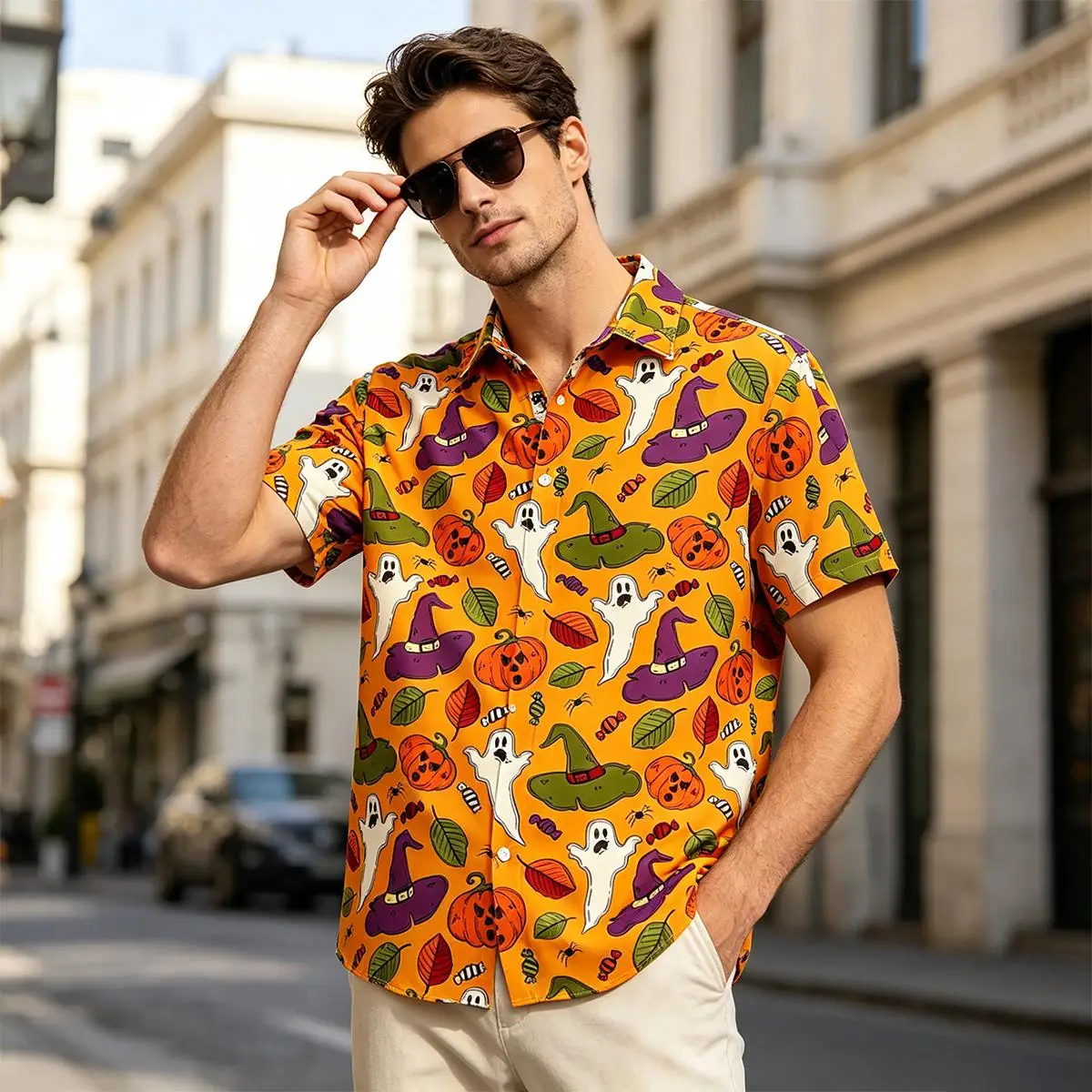 Men's Halloween Party Casual Cotton Shirt Fashion Classic Lapel Button Down Tops Pumpkin Ghost Print Festival Costume Streetwear