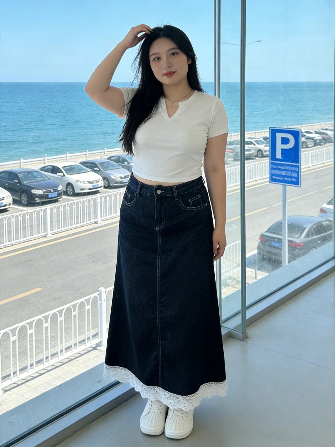 

plus Size Women's Lace Splice Denim Skirt High Waist Loose Slim A-Line Long Skirt Umbrella Skirt Summer New Sle