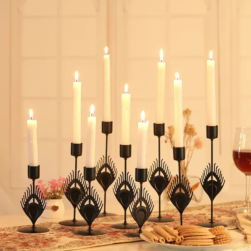 Juego de 3 piezas de candelabros negros de estilo europeo, candelabro romántico para cena a la luz de las velas, juego de tres piezas estilo pluma