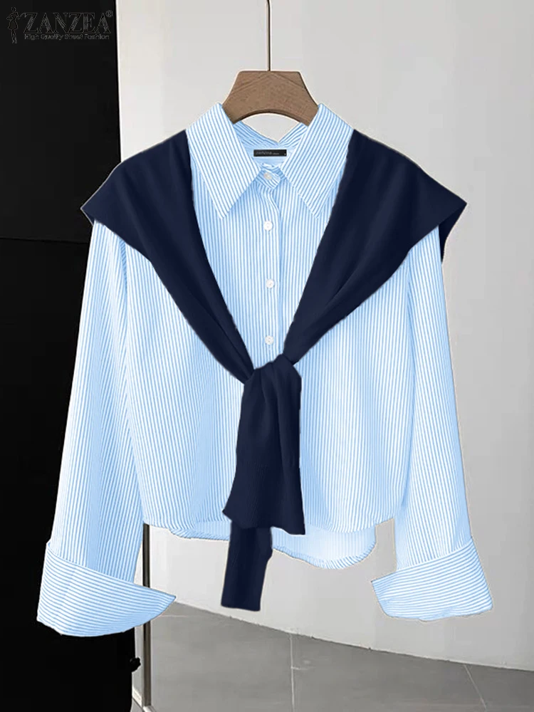 ZANZEA 長袖シャツ女性フェイクツーピーストップス 2025 秋ストライプブラウスパッチワークカジュアルルーズエレガントオフィスブラウス OL