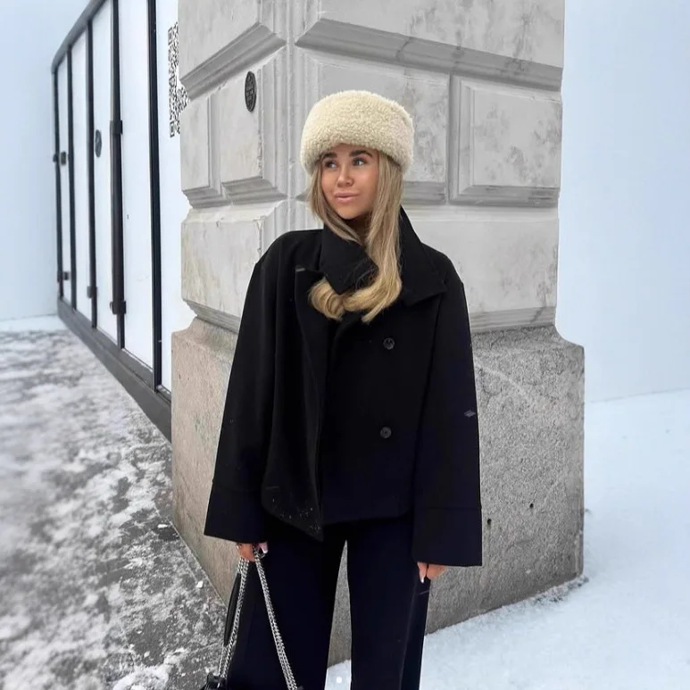 

2025 Autumn Winter New Stand Collar Button Front Wool Blend Coat Women Versatile Slim Fit Long Sleeve Multi Color Options