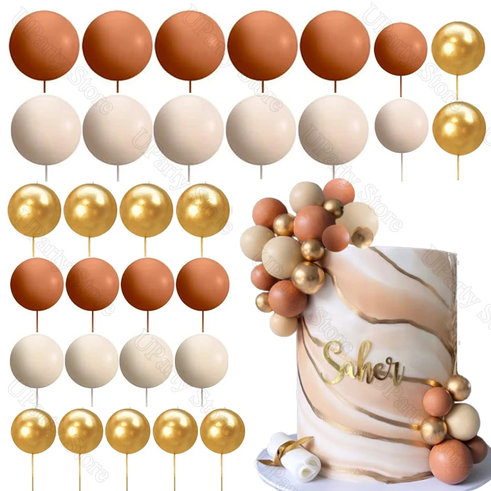30ชิ้นที่วางเค้กแบบ Boho ลูกโลหะสีทองเบจย้อนยุคสีน้ำตาลโกโก้ลูกบอลโฟมตกแต่งหน้าเค้กสำหรับวันเกิดเบบี้อาบน้ำงานแต่งงาน