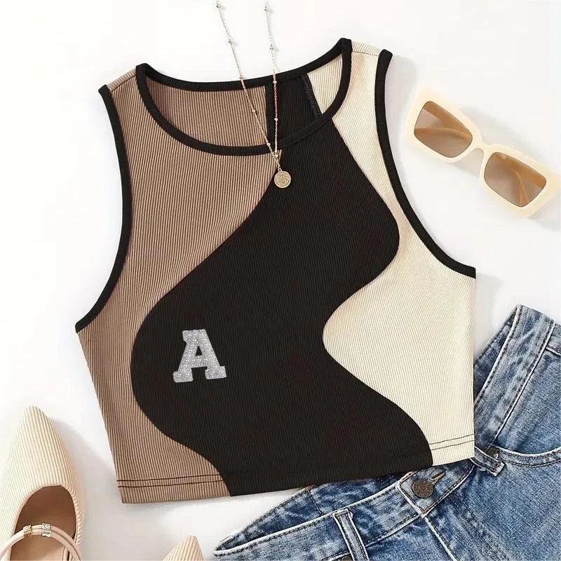 Y2K Clothes Summer Color Block Cut Shirt T-shirt Women's Rib Knit Tricolor Vest O-neck Sleeveless Tops Cute Baby T-shirt