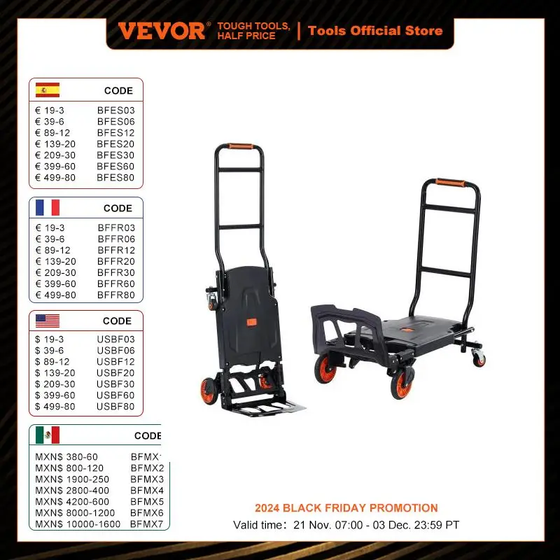 VEVOR 300 lbs Folding Hand Truck 2 in 1 Aluminum Lightweight Platform Cart Portable Telescopic Utility Dolly for Moving Shopping