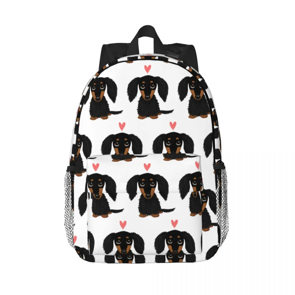 Cartoon Dog with Heart Mochilas, Black and Tan, Longhaired Dachshund, School Book Bag, Students Rucksack, Shoulder Bag, Boys, Girls