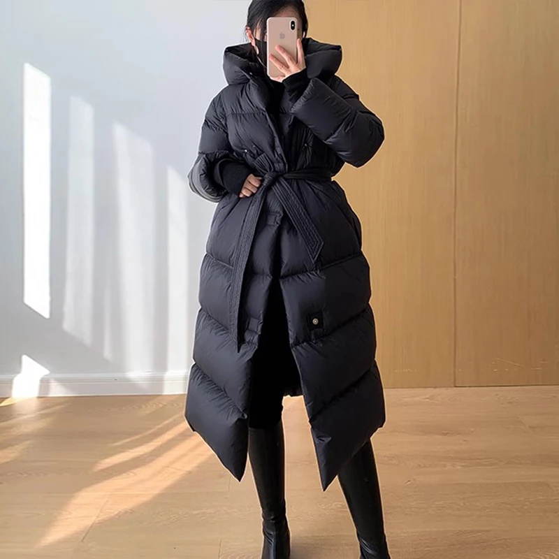 Winter Long Fluffy Black Jacket Thicken Warm Hooded Parka Coats 2024 New Lace-up Belt Women 90 White Duck Down Snow Outwear