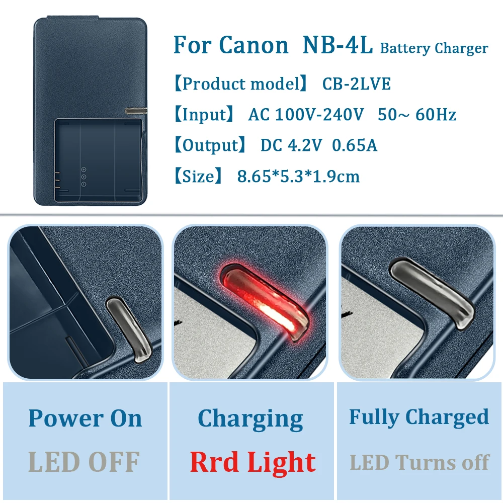 CB-2LVE CB-2LV Batterieladegerät für Canon NB-4L NB4L PowerShot SD30 SD40 SD200 SD300 SD450 SD600 SD630 SD750 SD1000 TX1 Kameras – Detail 2