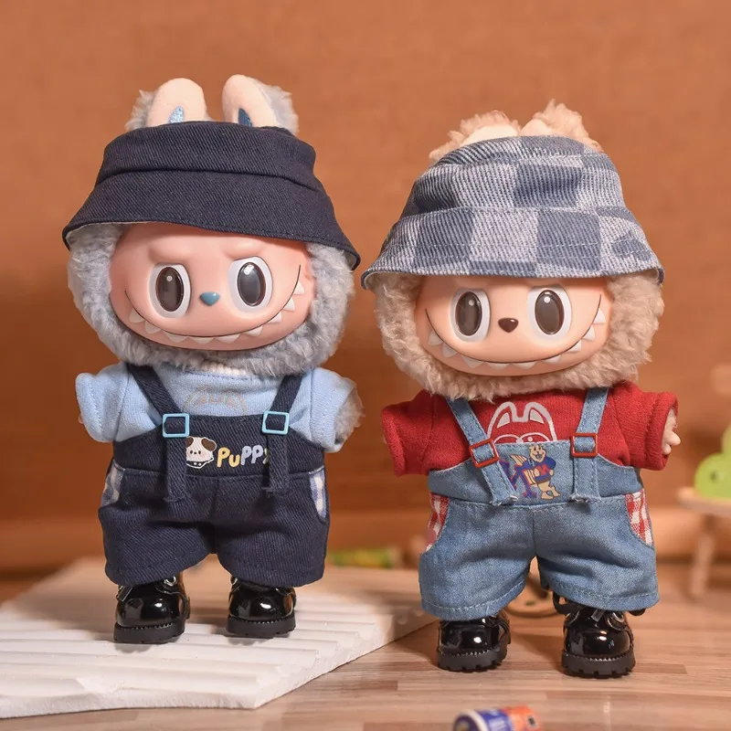 

17 см мини-кукольная одежда Labubu, аксессуары для одежды, полосатая спецодежда, шляпа, очки, обувь, крутая и красивая одежда