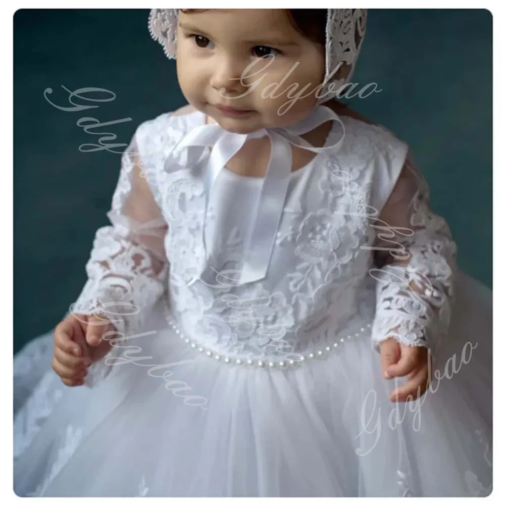 White Lace Flower Girl Dresses Full Sleeve Baby Girls 1st Birthday Wedding Party Dress Toddlers Pageant Communion Ball Gowns