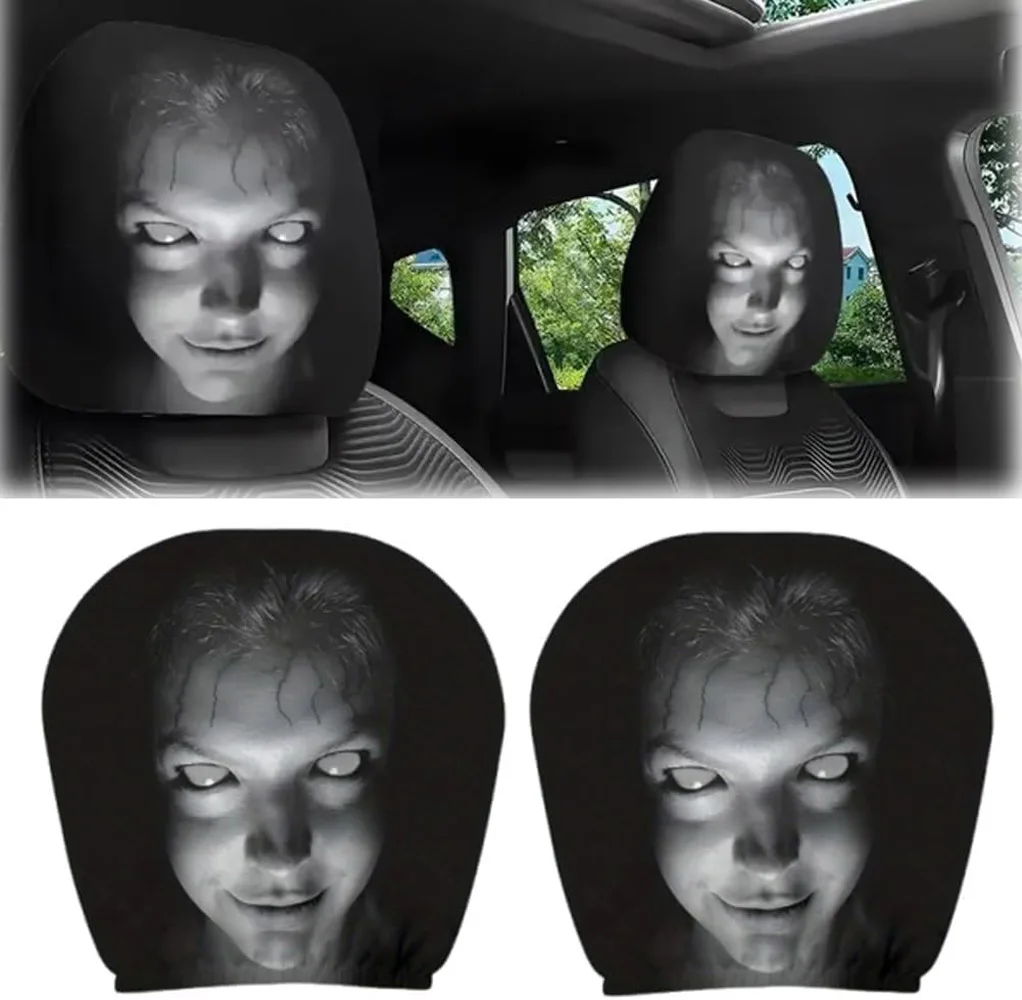 2PCS Halloween Scary Headrest Covers for Cars, Stretchy Seat Headrest Protector, Funny Cover for Auto, Washable Elastic Fabric