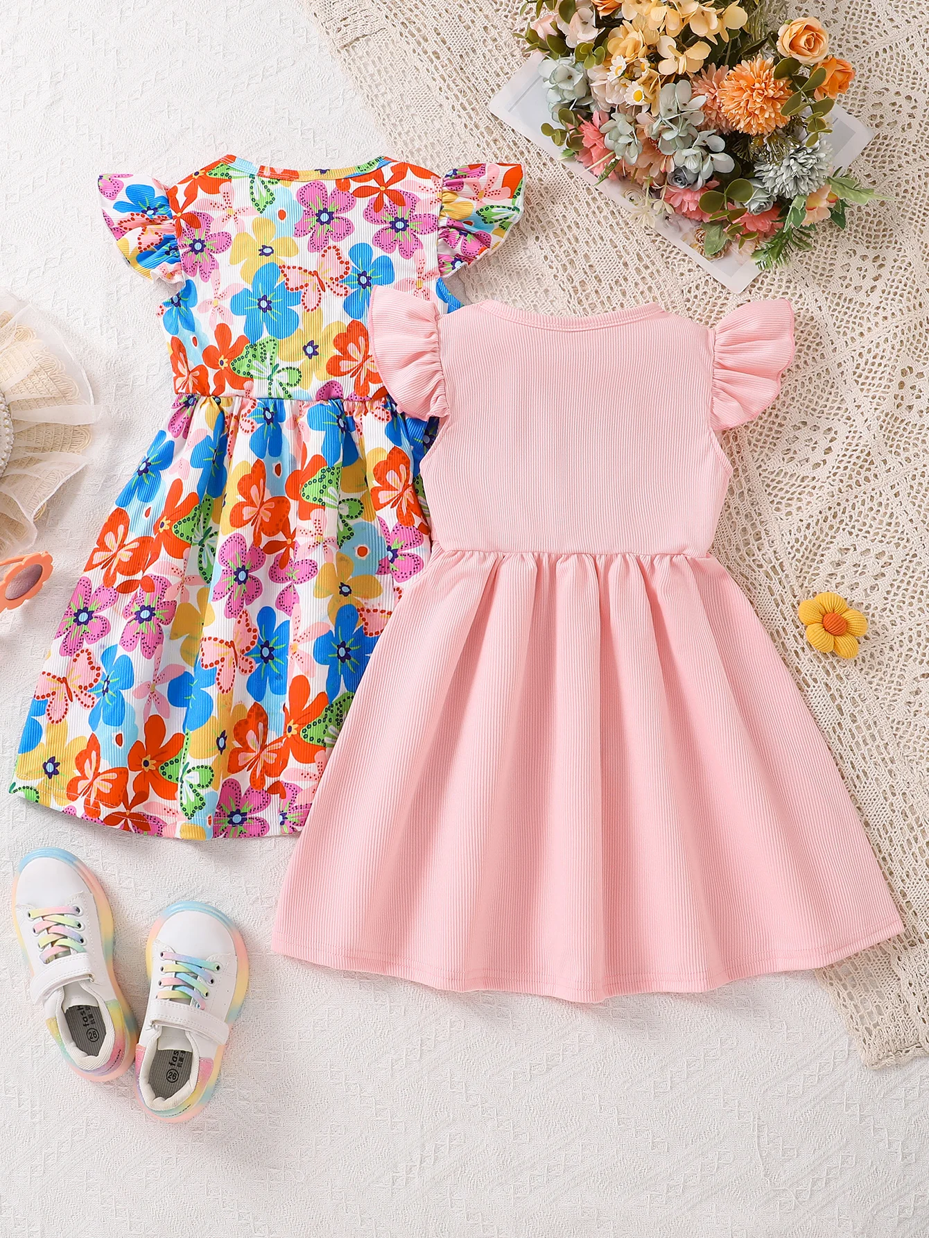 2-Pack - Girls' Fashionable Summer Dresses, Children's Clothing, Floral Butterfly Print, Round Neck, Flutter Sleeves, Waist-Cinching, Bowknot, Mid-Length Dress, Summer Wear, Simple and Comfortable Casual Versatile Youthful Children's Clothing, Suitable for Outdoor Parties, Afternoon Tea, and Amusement Parks, for Girls Aged 4Y-5Y-6Y-7Y-8Y, Can Be Used as a Birthday Gift