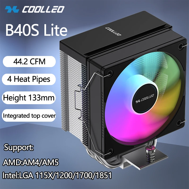 

COOLLEO B40S Lite 4 тепловых трубок процессора с 4-контактным ШИМ 10 см ARGB охлаждающий вентилятор радиатор с воздушным охлаждением для LGA1700 115X 1851 AMD AM5
