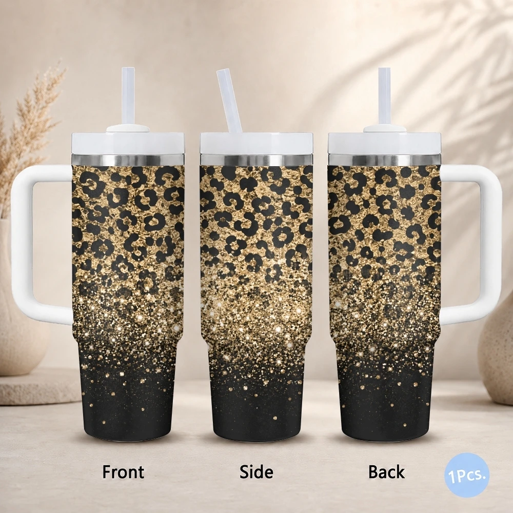 Golden Glitter Leopard Print Vacuum Flasks 40oz Stainless Steel Insulated Tumbler with Handle Straw Lid Leakproof Travel Mug