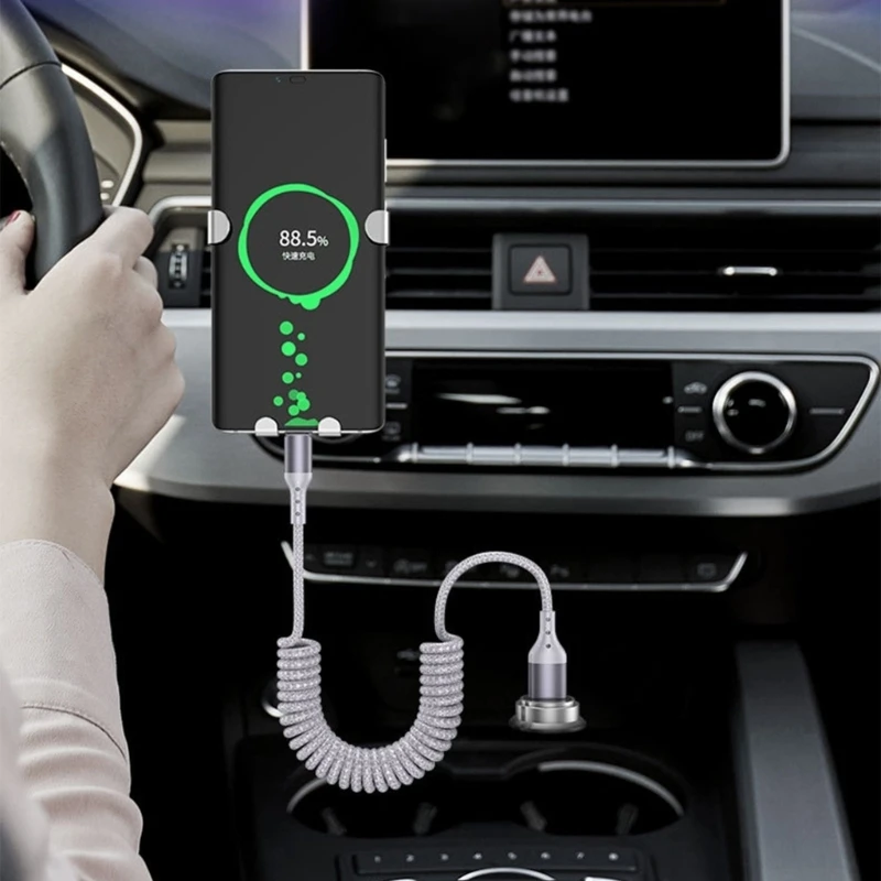 Car Area USB C Charging Cord, Spring Form Type C to Type C Textile Cable with Up to 100W for Daily Travel Use HX5E