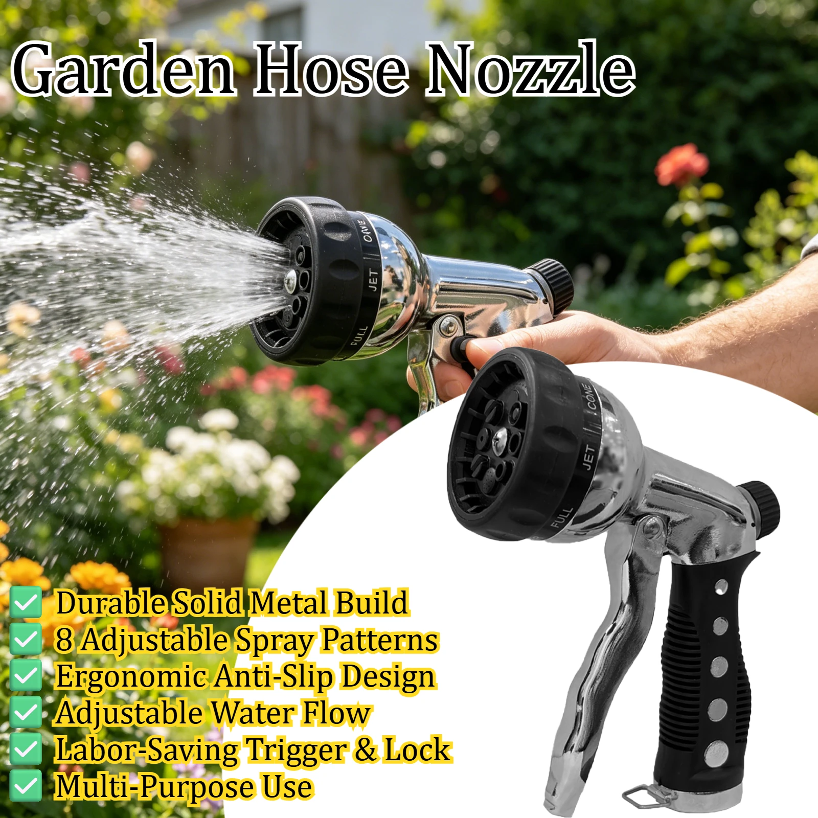 

Adjustable Garden Hose Nozzle 8 Spray Patterns High Pressure Water Gun for Watering Plants Car Washing & Patio Cleaning