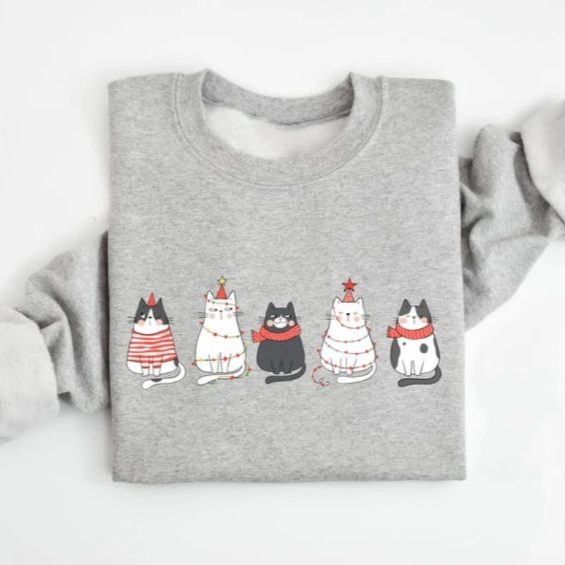 لطيف القط عيد الميلاد البلوز القط الأم البلوز عطلة هوديي طاقم الرقبة طويلة الأكمام أزياء لينة الخريف والشتاء هودي أعلى