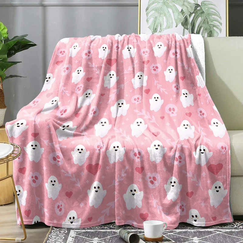 Halloween Throw Blanket for Couch Bed Halloween Fall Thanksgiving Gift Blanket Pumpkin and Ghost Elf Print Pink Sofa Blankets
