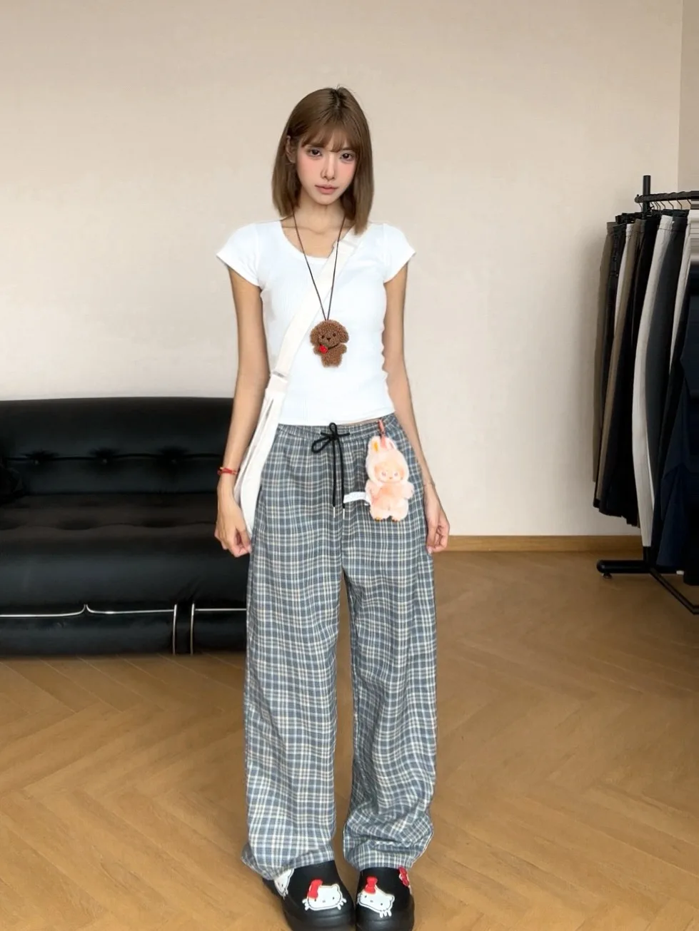 Pantaloni a quadretti leggeri e traspiranti, pantaloni lunghi per abbigliamento casual primaverile e autunnale, versatili per coppie, retrò e larghi