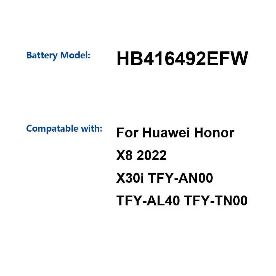 

Mobile Phone Battery HB416492EFW 4000Mah For Huawei Honor X8 2022 X30i Tfy-AN00 Tfy-AL40 Tfy-TN00