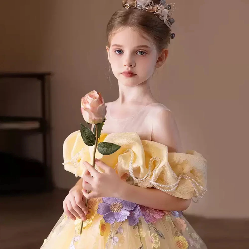 Customized Yellow Flower Girl Dress for Wedding Appliques High Waist Floor Length Elegant Kids Birthday First Communion Gown
