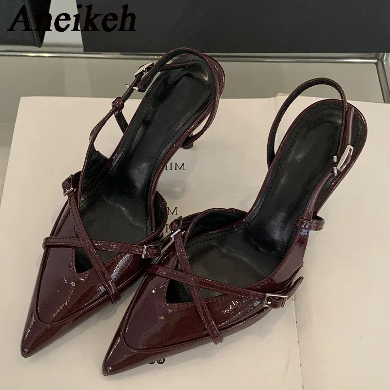 Aneikeh Designer Hollow Out Narrow Band Buckle Strap Pumps Women Sexy Pointed Toe Thin Heels Banquet Dress Mule Ladies Shoes