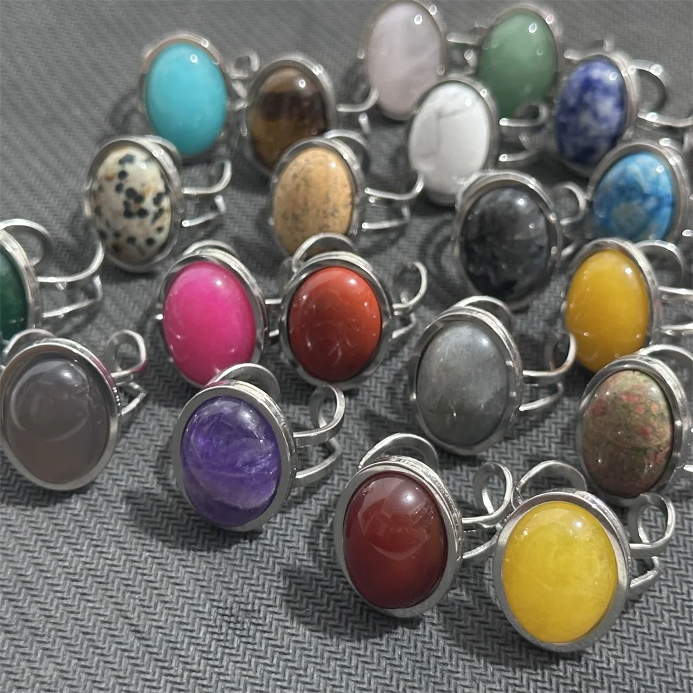 

10 шт., овальные открытые кольца из нержавеющей стали из натурального камня, аметист, зеленый авантюрин, агат, открытые женские и мужские ювелирные изделия с кристаллами
