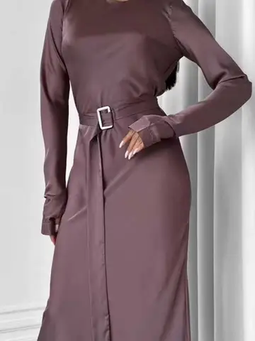 여성용 O넥 단색 출근용 드레스 새틴 가을 긴 소매 레이스업 파티 드레스 우아한 기품 슬림핏 맥시 드레스