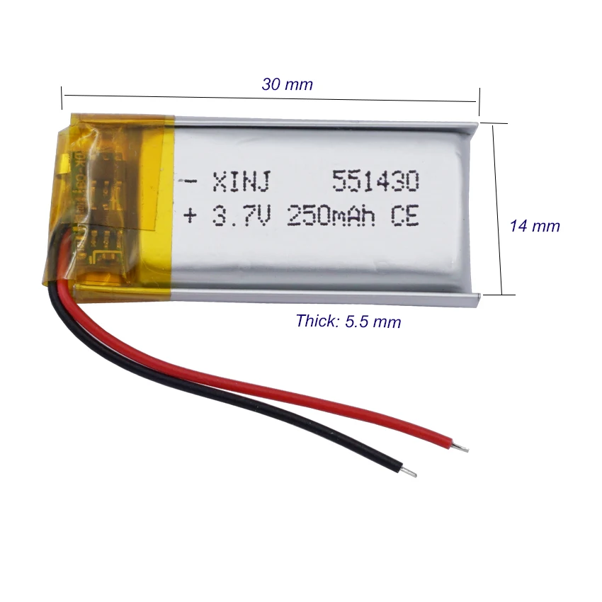 2Pcs 3.7V 250mAh 0.925Wh Rechargeable Replacement Li Lipo Battery 551430 For GPS Sat Nav MP3 MP4 Recording Pen Bluetooth Speaker