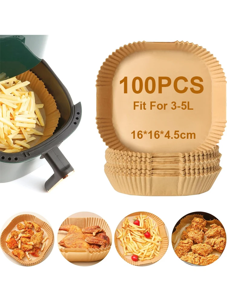 Doublures de friteuse à Air jetables, 100 pièces, doublures carrées en papier parchemin, rondes, sans eau de Javel, antiadhésives, résistantes à l'huile et à l'eau