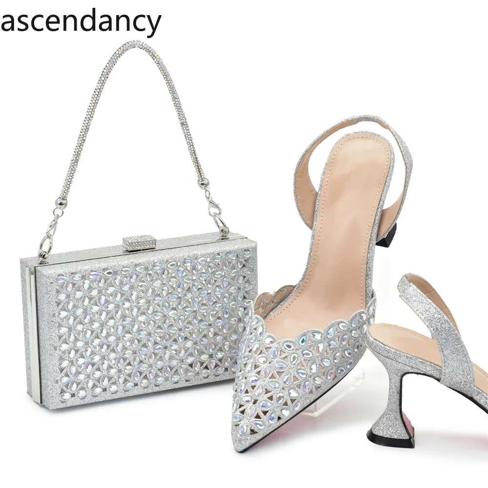 New Arrival Nigeria Women Designer Shoes and Bags Decorated with Rhinestone Wedding Italian Shoes Bag Set Pumps Women Luxury