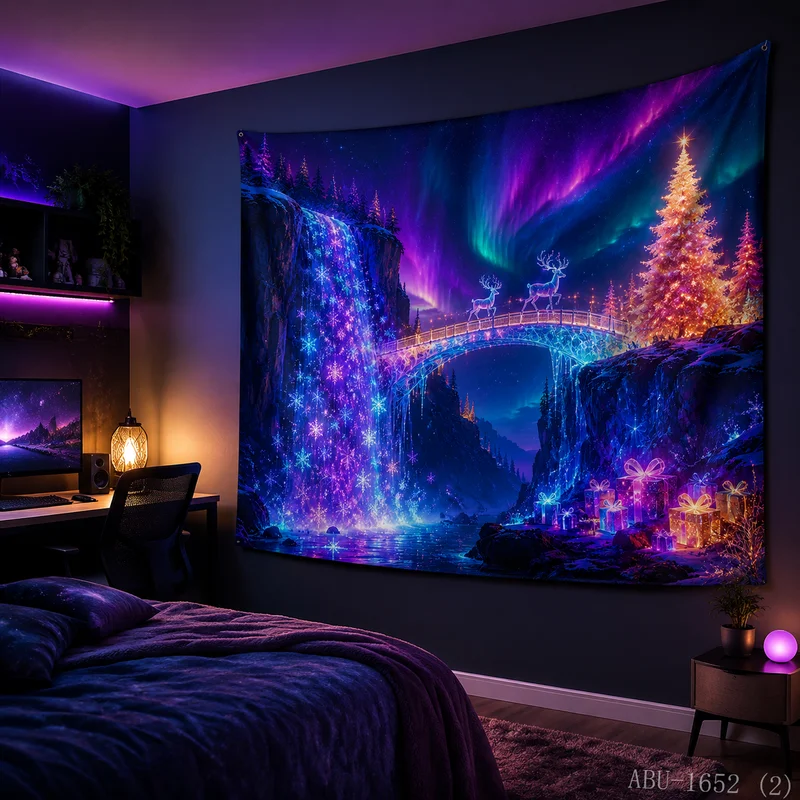 VIKAMA Neon Purple Blue Cyberpunk City Night Tree Skyscraper Snow Window Glow Urban Christmas Tapestry Wall Hanging Bedroom Soft