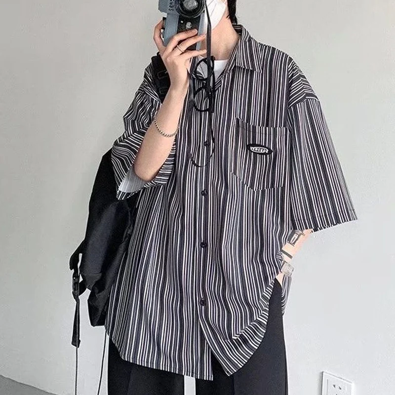 Summer Loose Casual Turn-down Collar Shirt Man Striped Single Breasted Pocket High Street Out Streetwear Male Temperament Tops