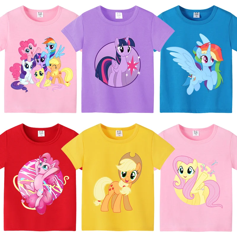 

Хлопковая футболка My Little Ponys, летняя детская одежда, кавайный мультяшный единорог с принтом, футболки с короткими рукавами для девочек и мальчиков, топы, подарки для детей